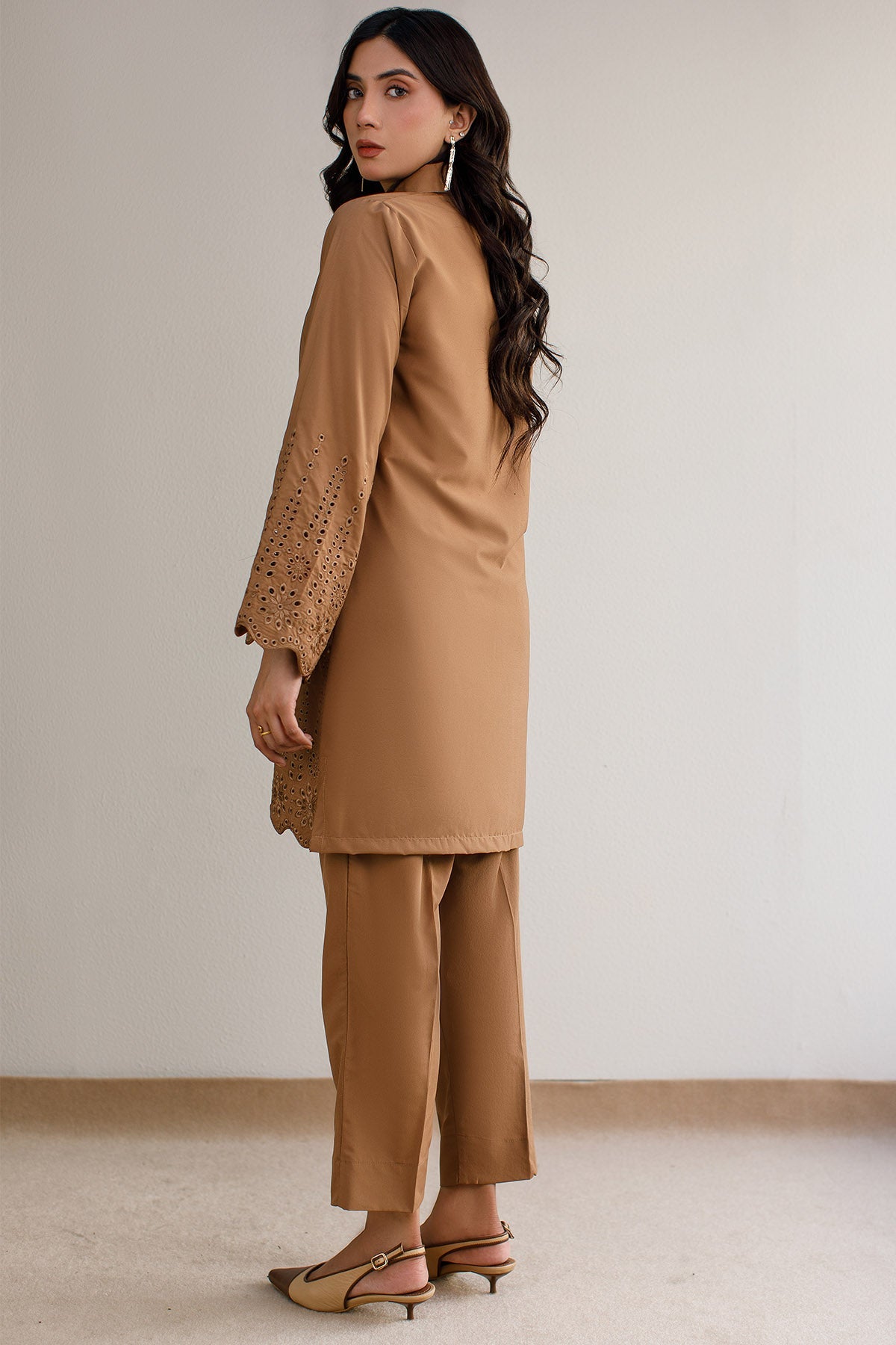 Pastel Brown Schiffli Co Ord Set - Peach Republic