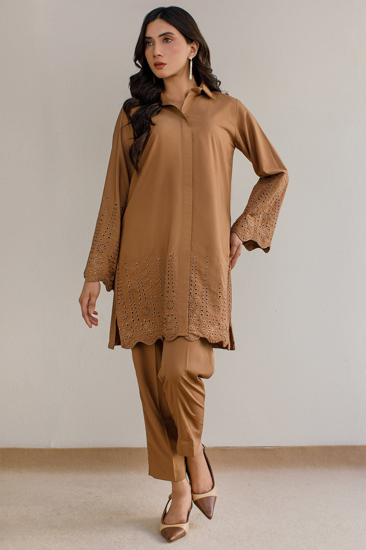 Pastel Brown Schiffli Co Ord Set - Peach Republic