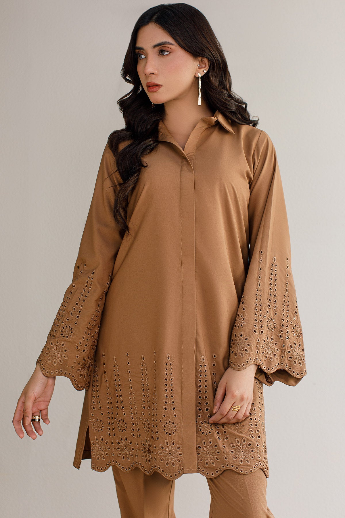Pastel Brown Schiffli Co Ord Set - Peach Republic