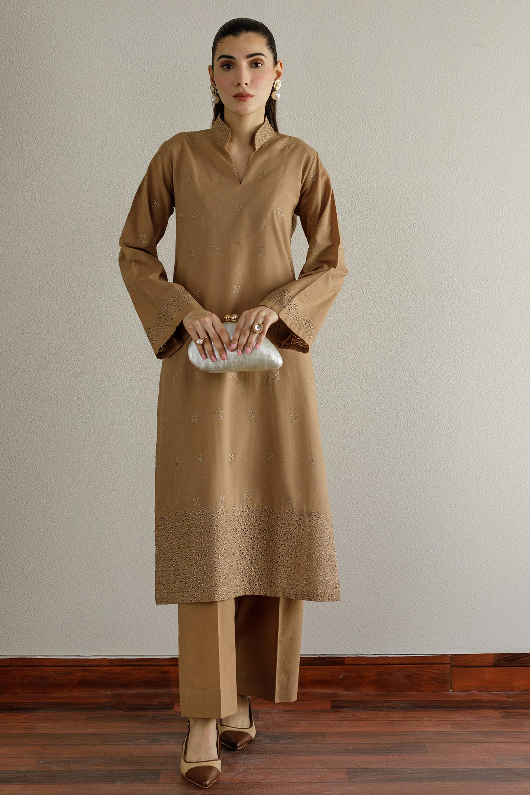 Pastel Brown Schiflli Dress - Peach Republic