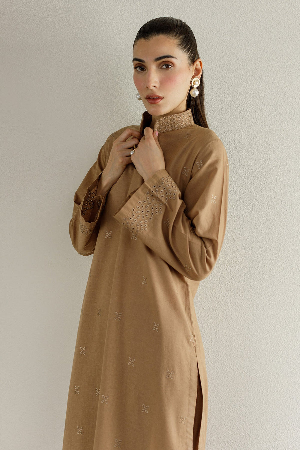 Pastel Brown Schiflli Dress - Peach Republic