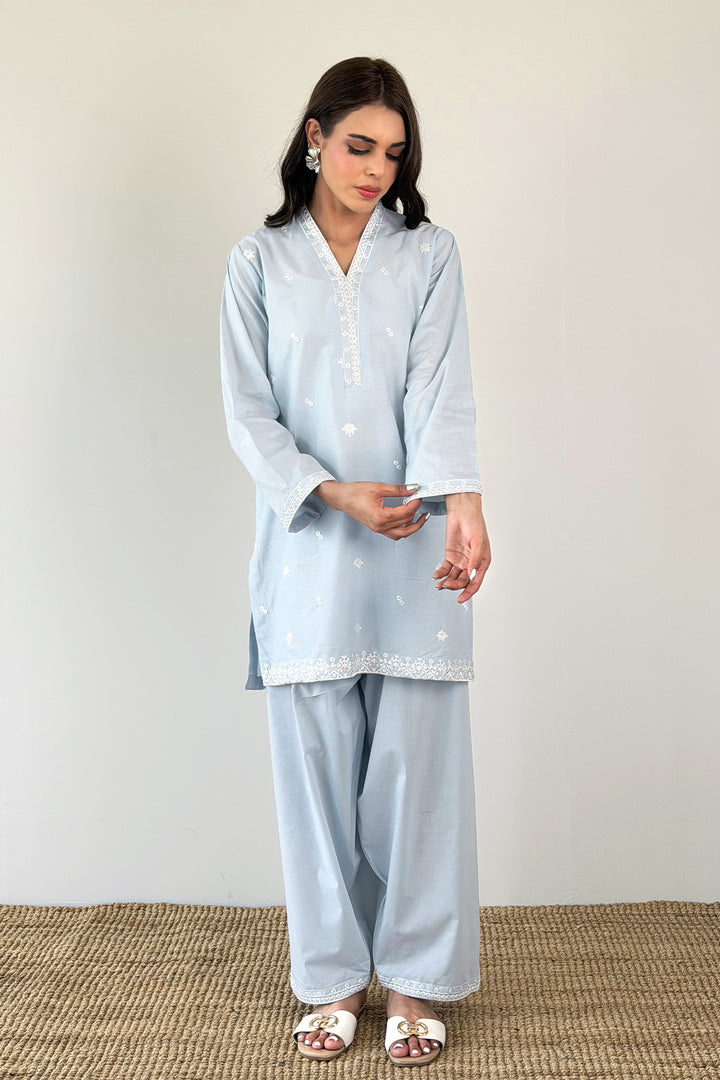 Sky Blue Embroidered  2 - Piece Set