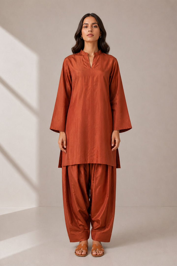 Rust Raw Silk-02- 2 Piece Set