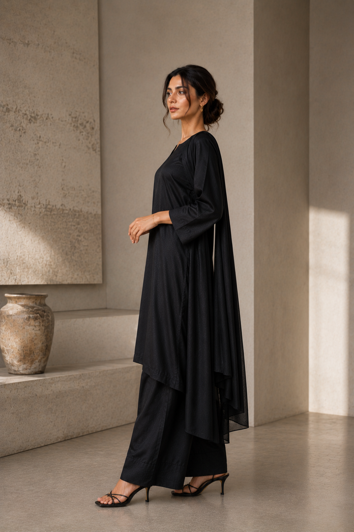 Midnight Black Korean Silk 3-Piece Set