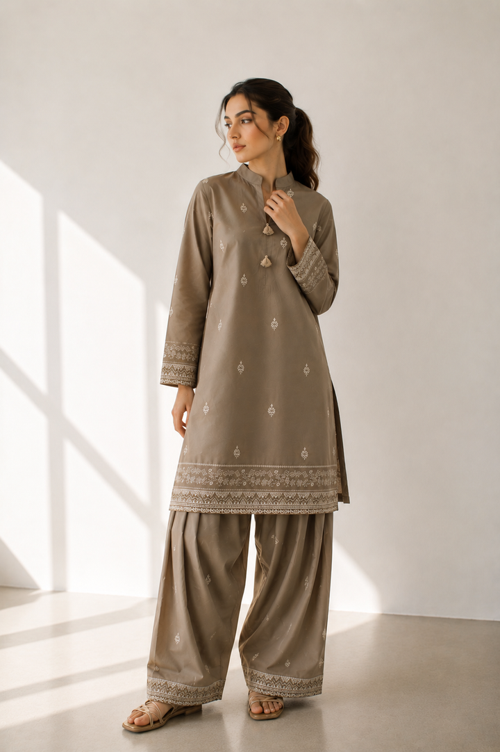 Mocha Brown Embroidered  2 - Piece Set