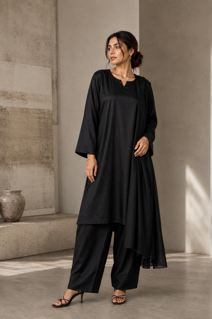 Midnight Black Korean Silk 3-Piece Set