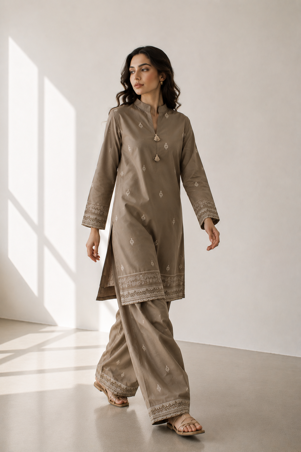 Mocha Brown Embroidered  2 - Piece Set