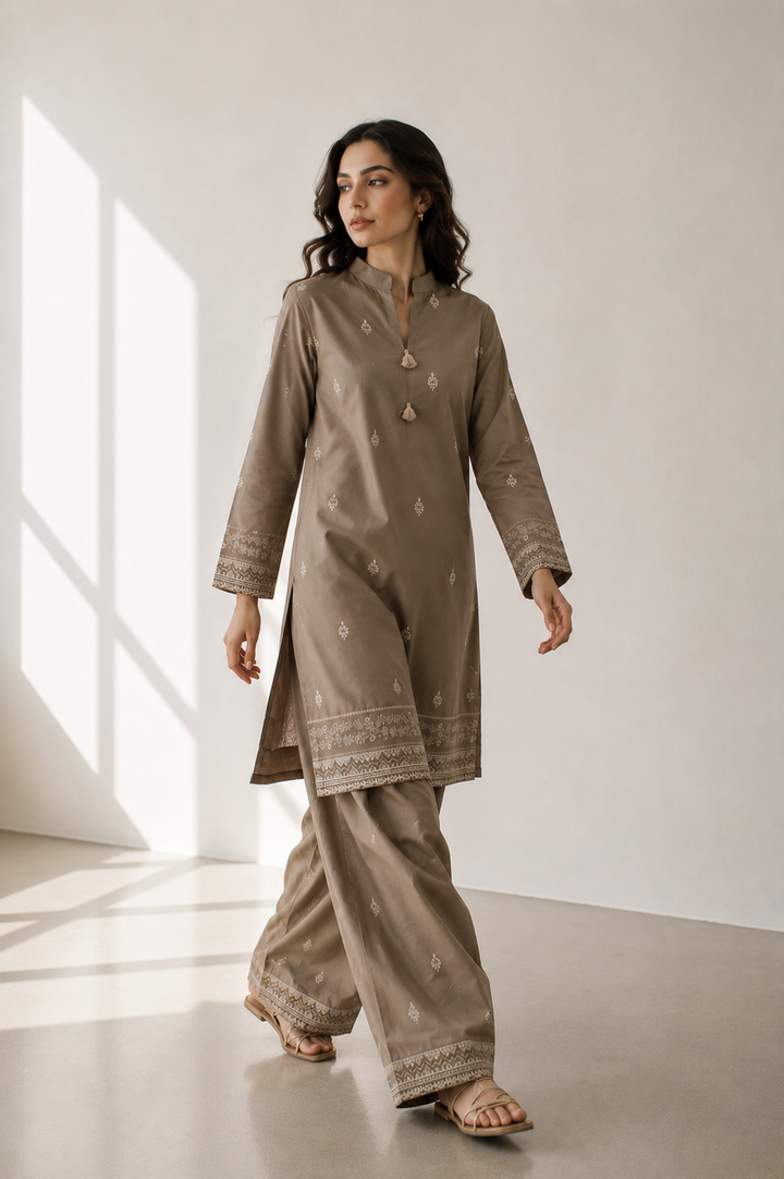 Mocha Brown Embroidered  2 - Piece Set