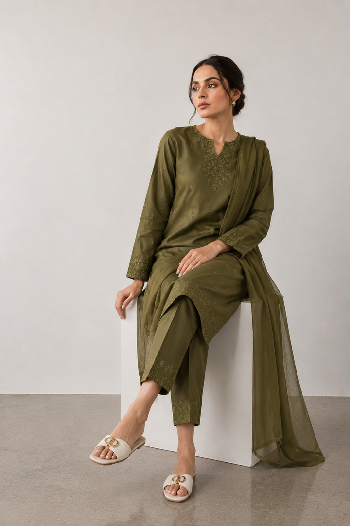 Olive Green Embroidered 3-Piece Set