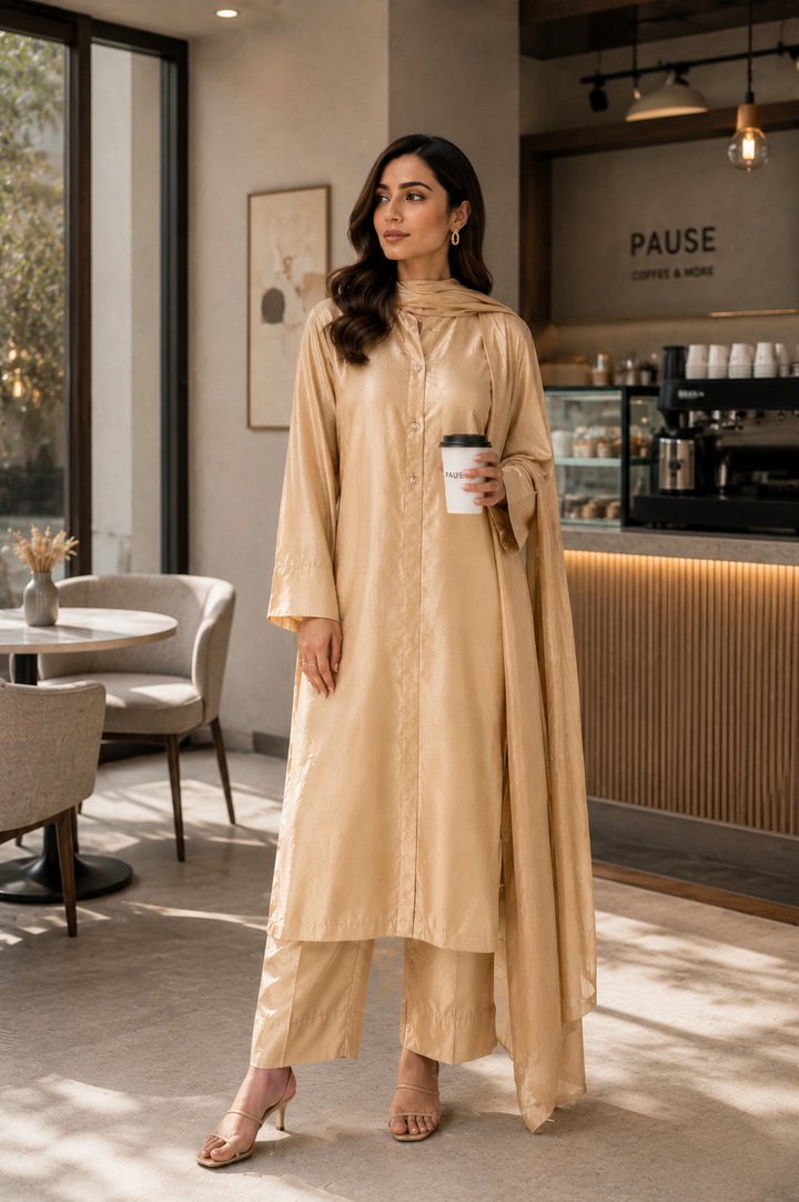 Soft Gold Korean Silk 3-Piece Set
