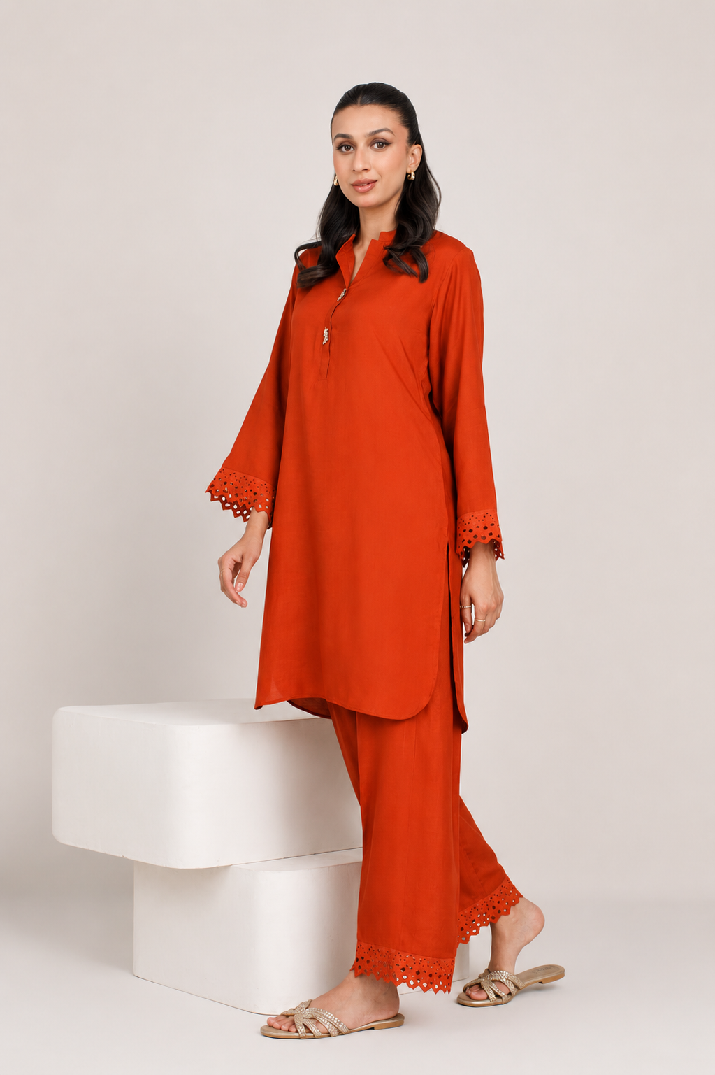 Rust Dull Raw Silk 2 -Piece Set