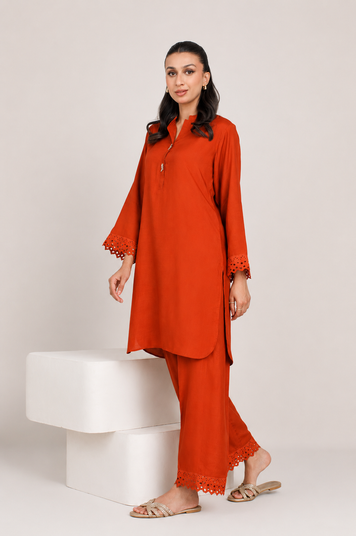 Rust Dull Raw Silk 2 -Piece Set