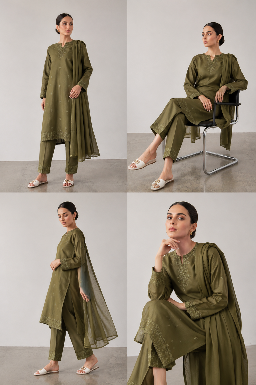 Olive Green Embroidered 3-Piece Set