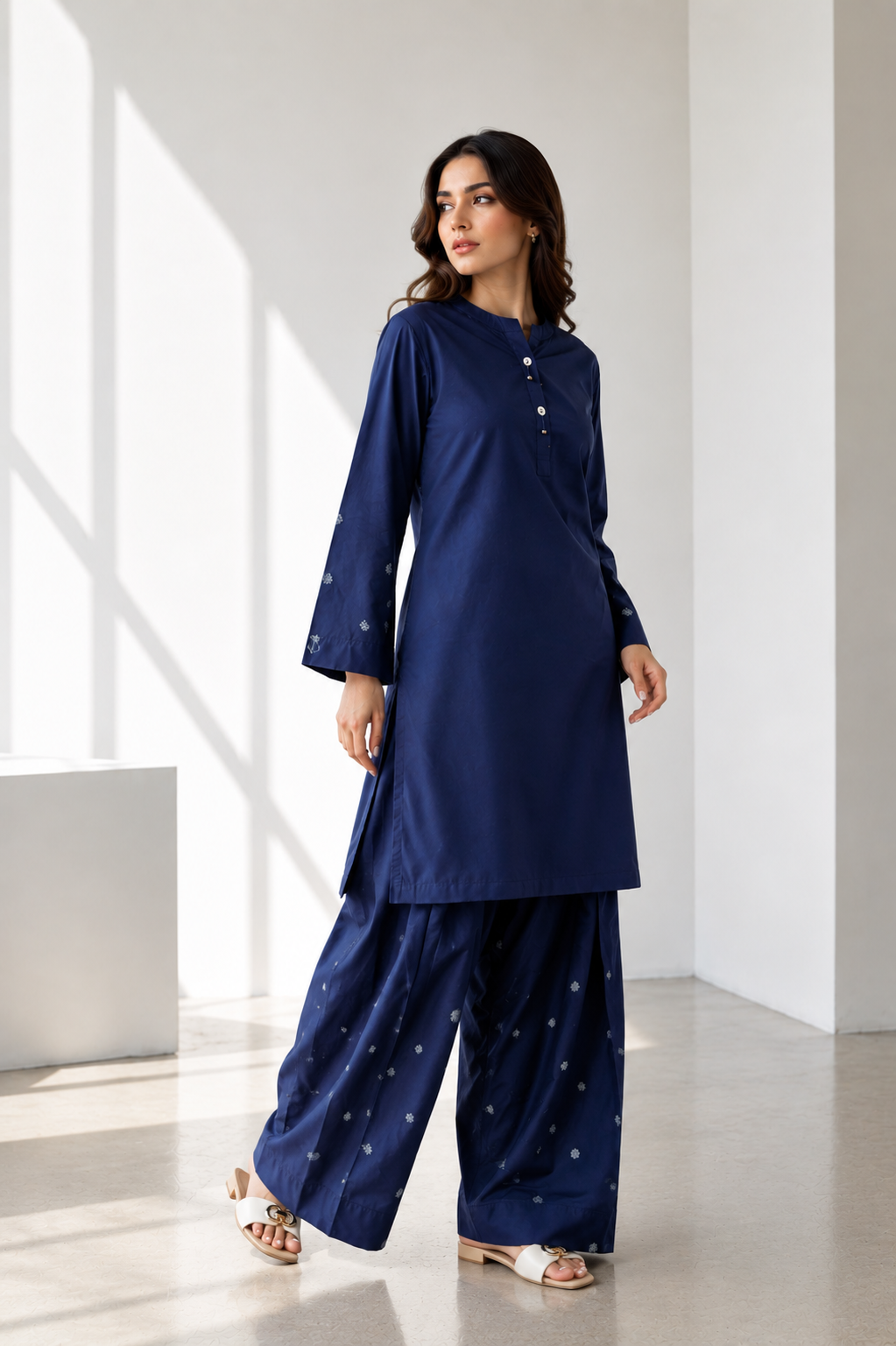 Navy Blue Embroidered 2-Piece Set