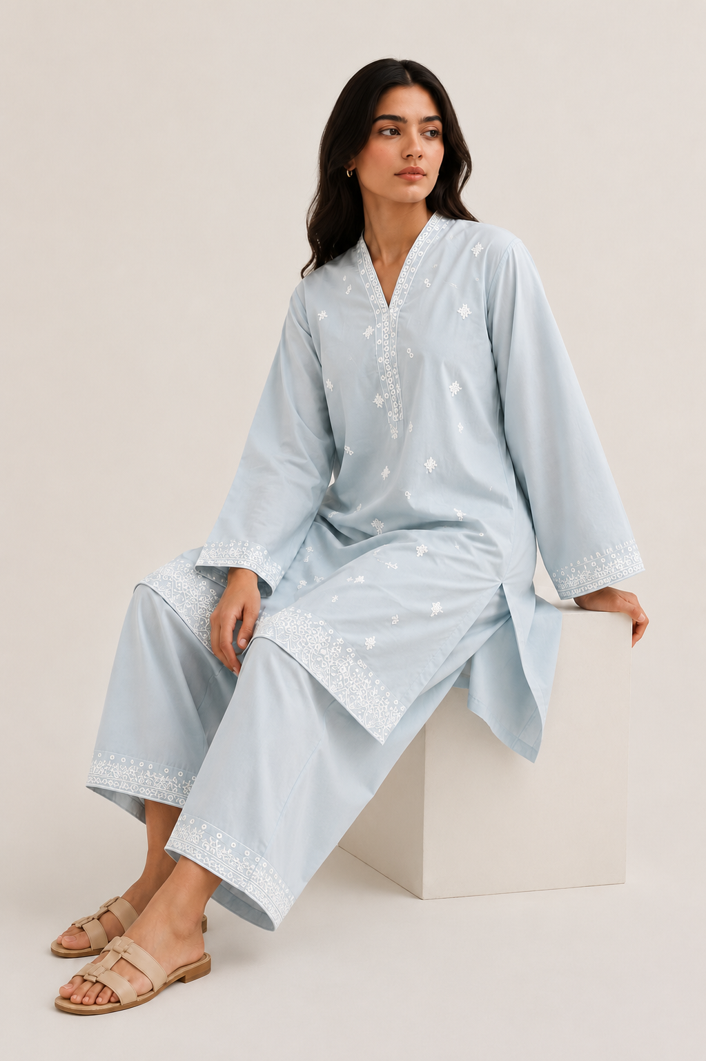 Sky Blue Embroidered  2 - Piece Set
