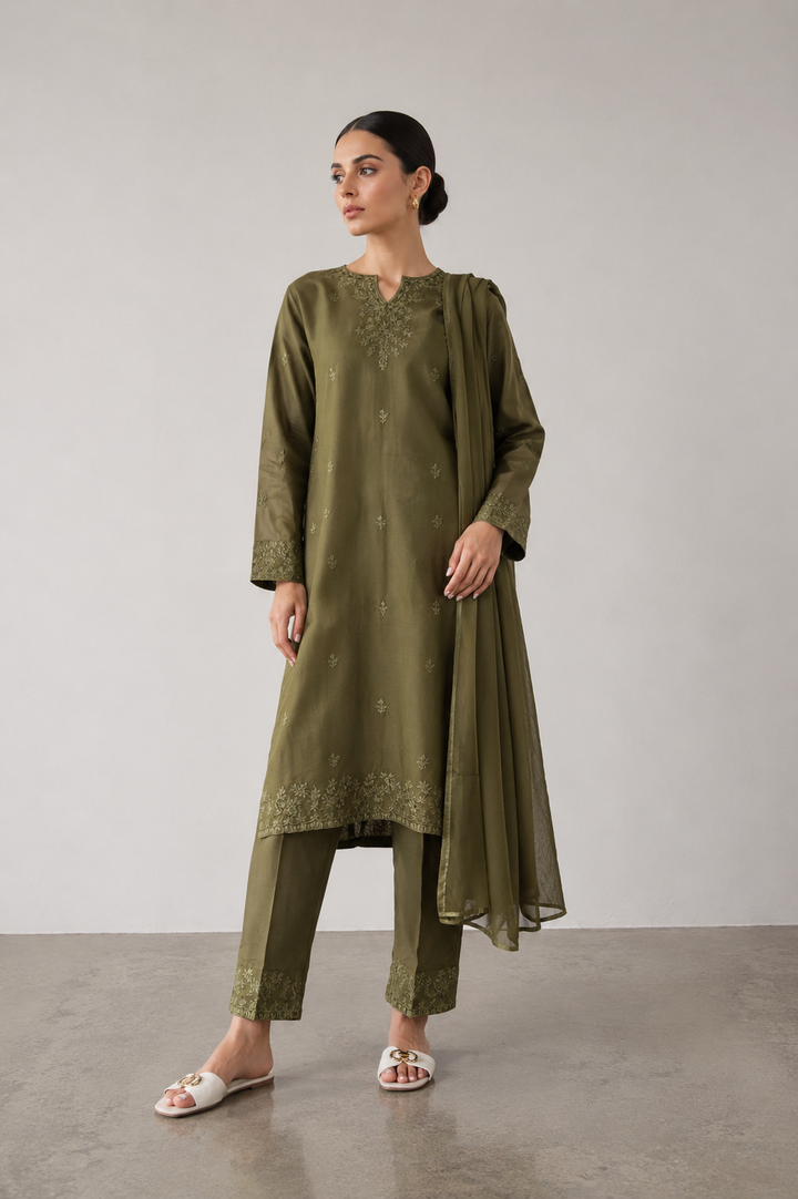 Olive Green Embroidered 3-Piece Set