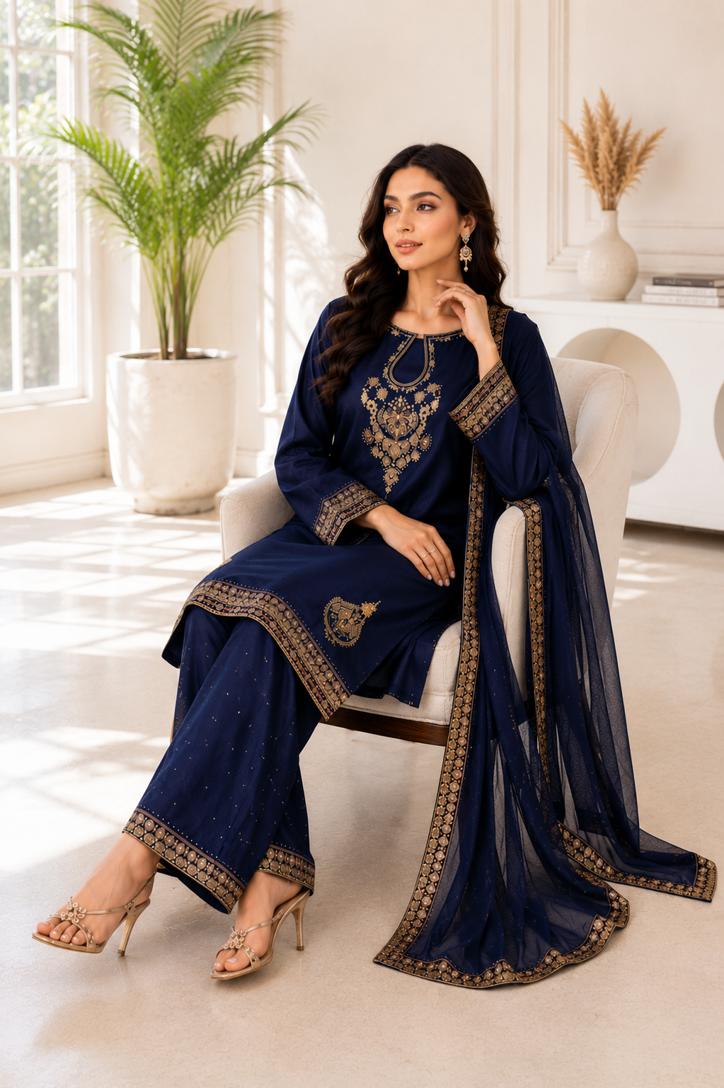 Navy Blue Embroidered 3-Piece Set