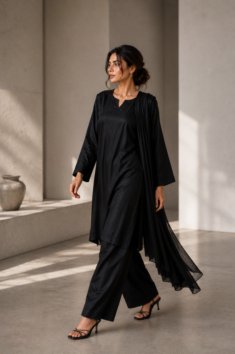 Midnight Black Korean Silk 3-Piece Set
