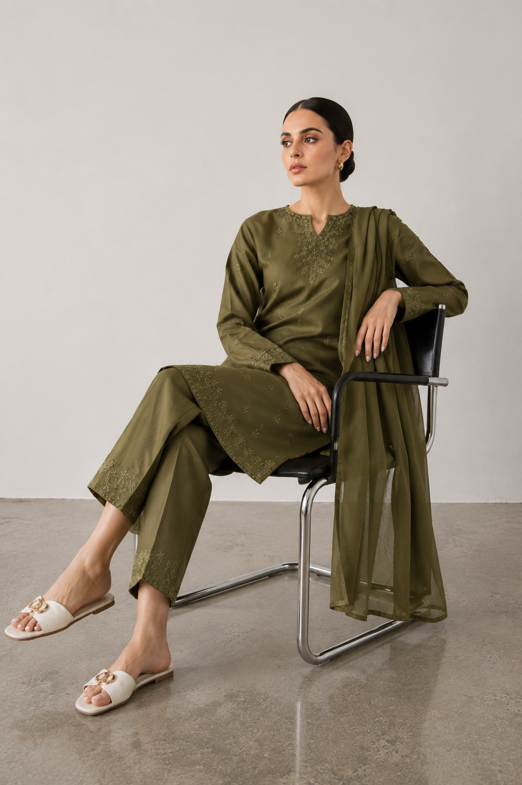 Olive Green Embroidered 3-Piece Set