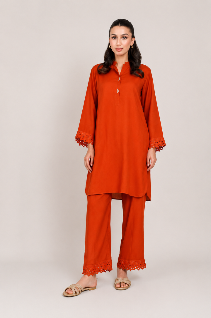 Rust Dull Raw Silk 2 -Piece Set