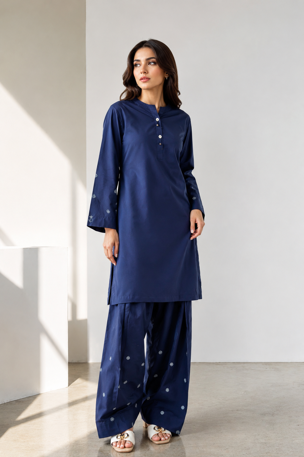 Navy Blue Embroidered 2-Piece Set