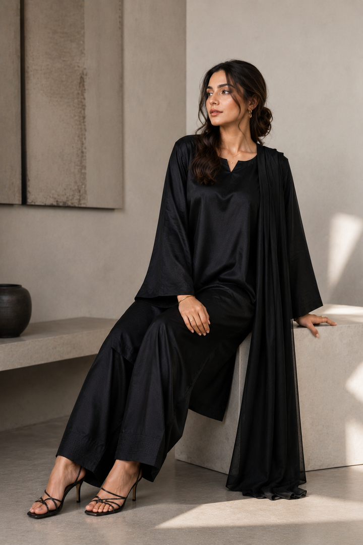 Midnight Black Korean Silk 3-Piece Set