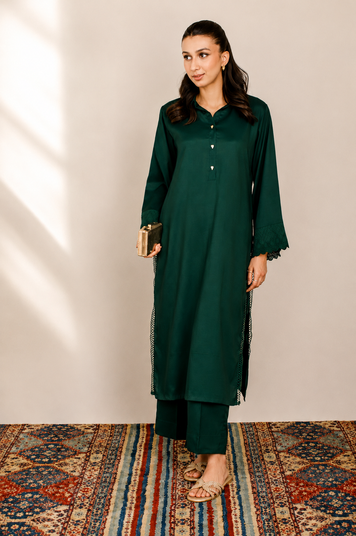 Bottle Green Dull Raw Silk 2 -Piece Set
