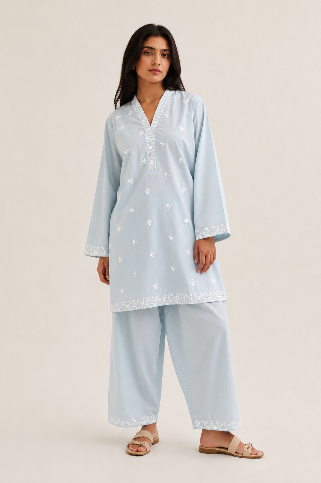 Sky Blue Embroidered  2 - Piece Set