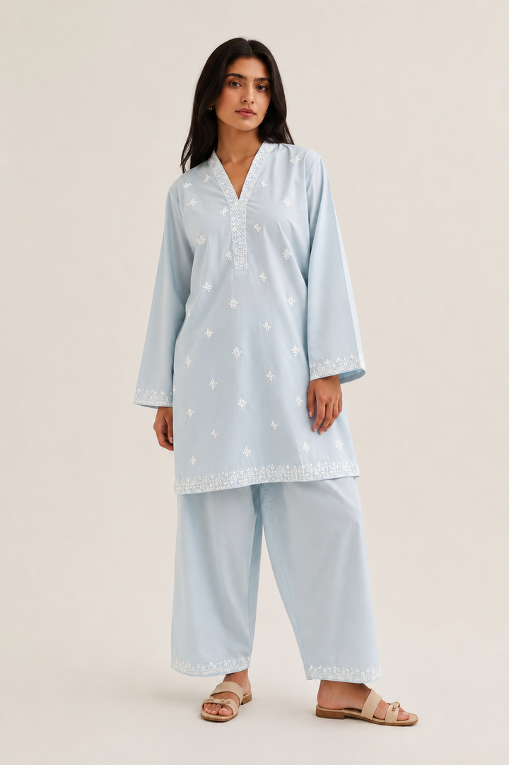 Sky Blue Embroidered  2 - Piece Set
