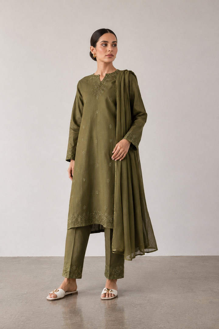 Olive Green Embroidered 3-Piece Set