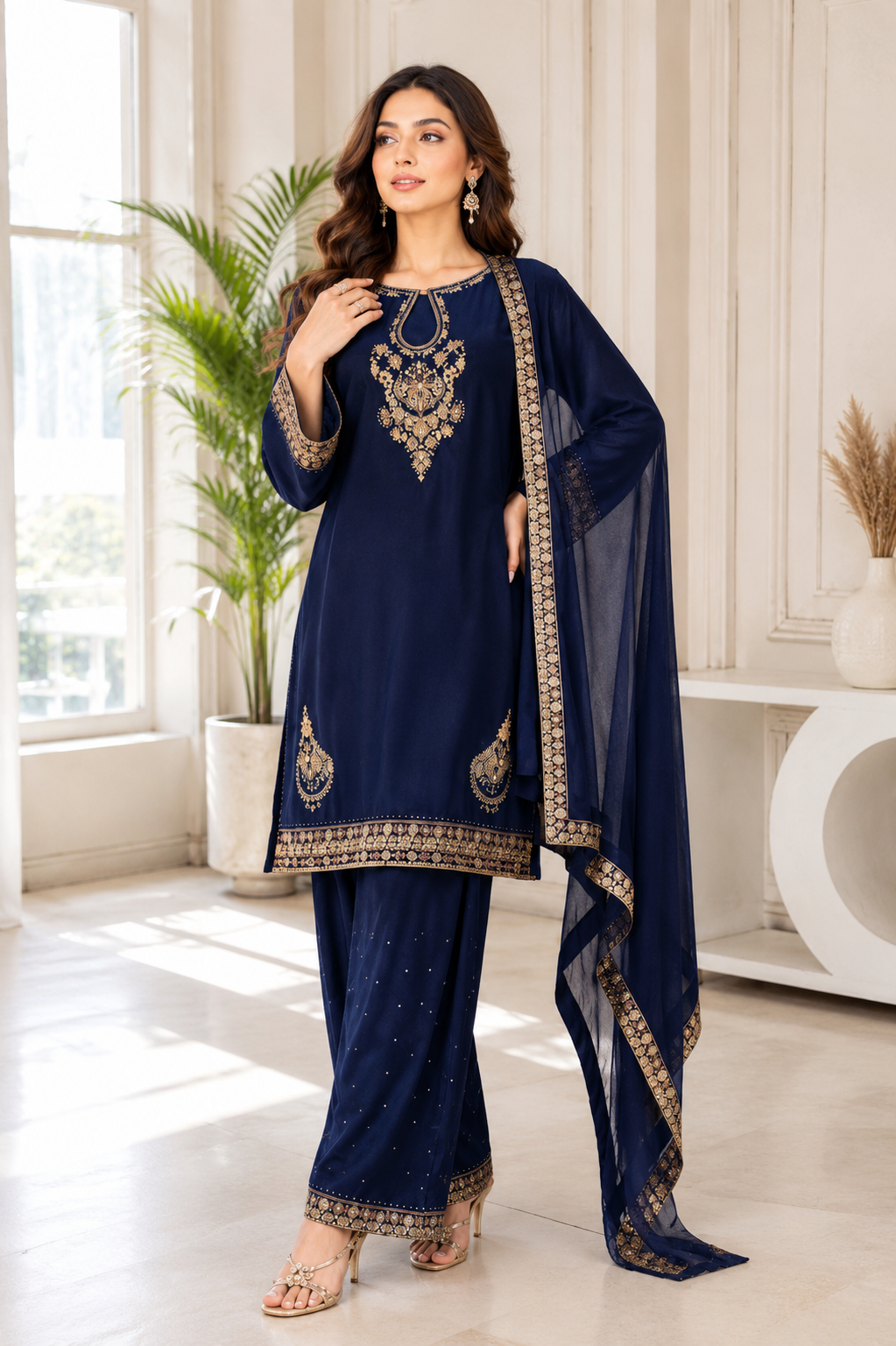 Navy Blue Embroidered 3-Piece Set