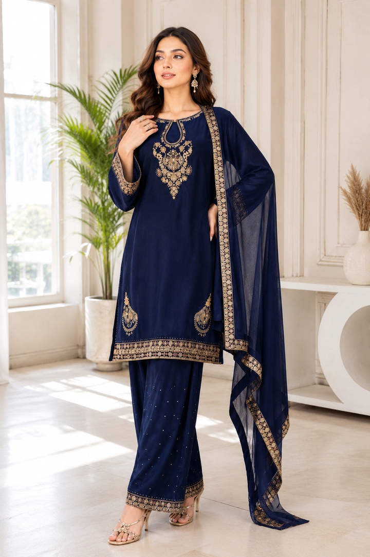 Navy Blue Embroidered 3-Piece Set