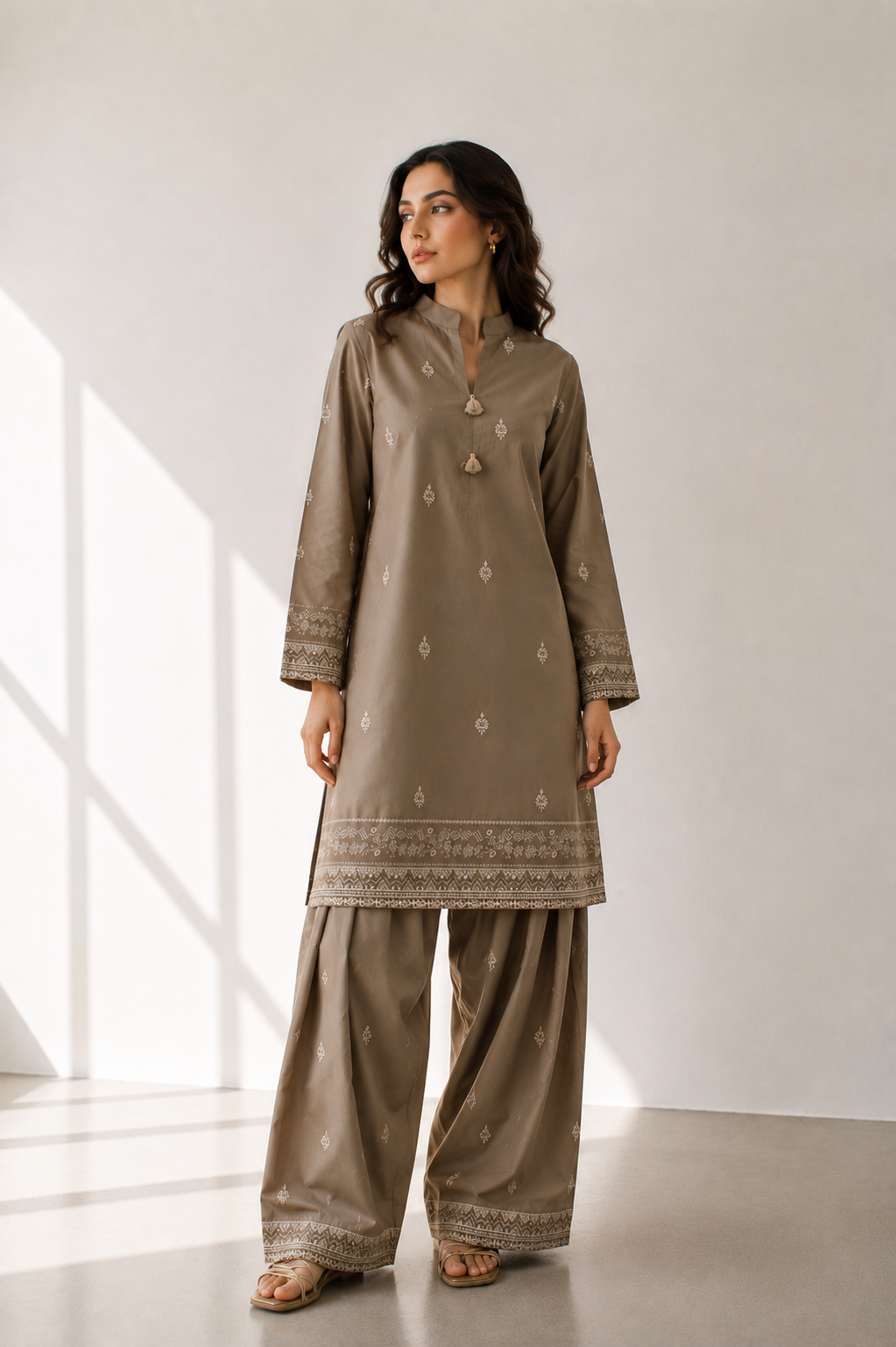 Mocha Brown Embroidered  2 - Piece Set