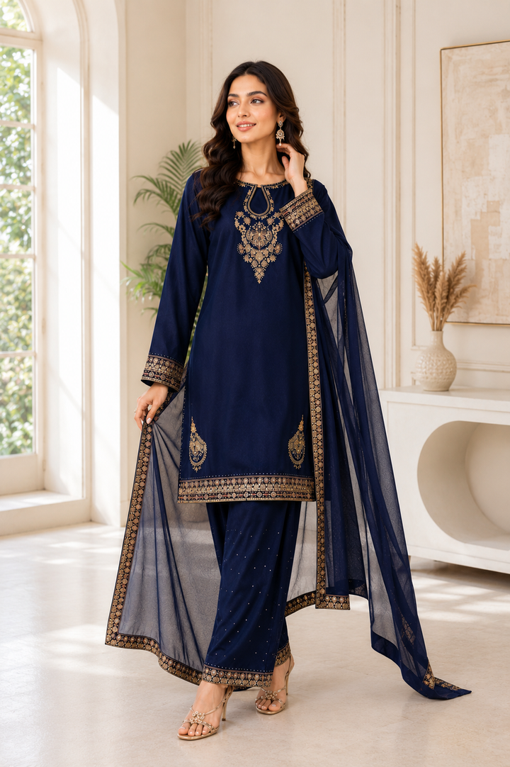 Navy Blue Embroidered 3-Piece Set