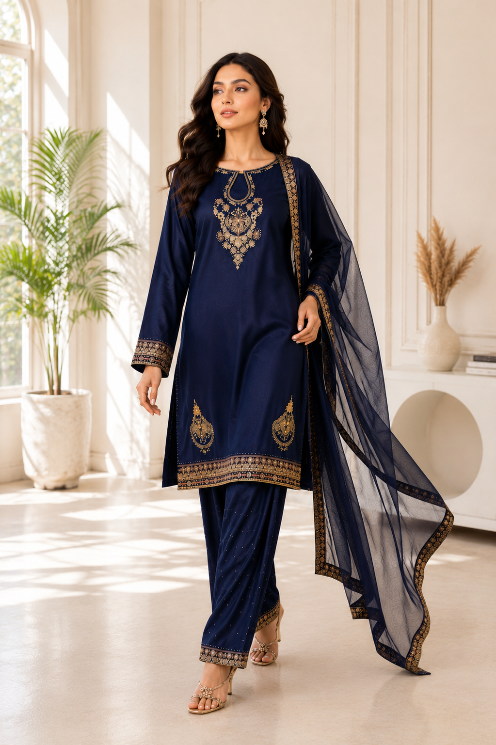 Navy Blue Embroidered 3-Piece Set