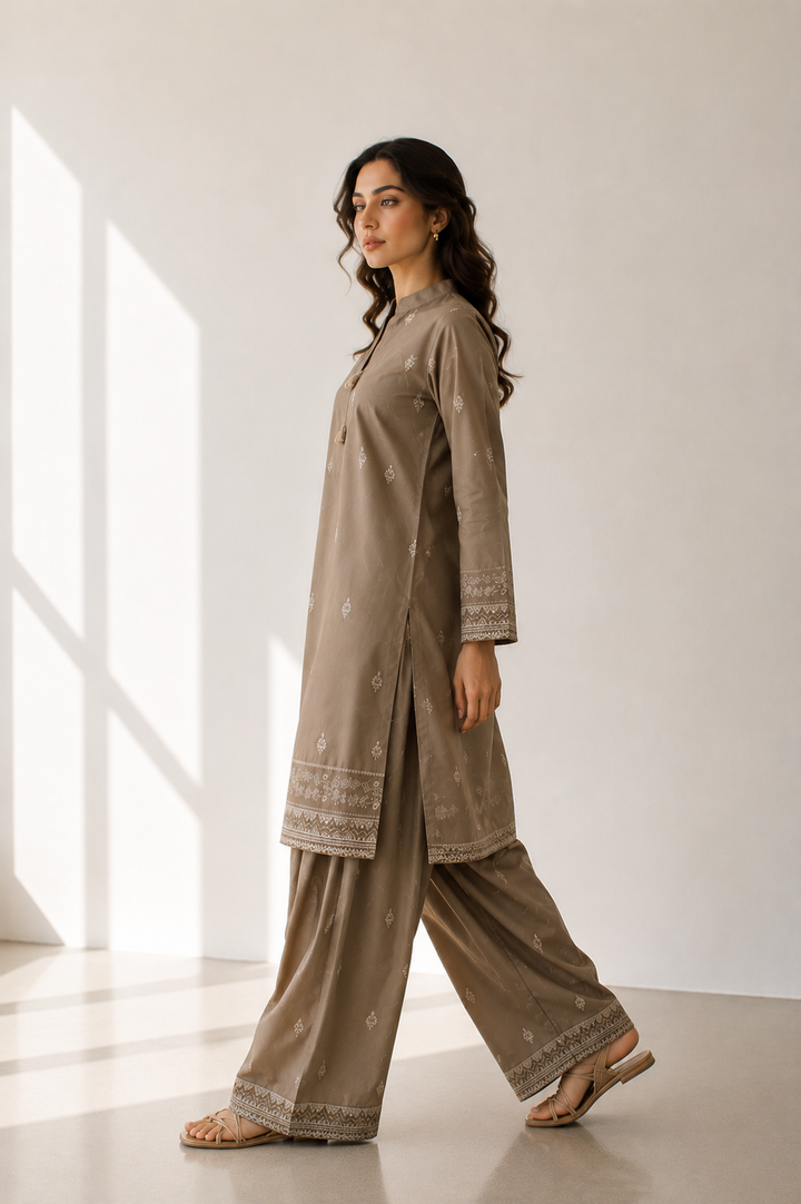 Mocha Brown Embroidered  2 - Piece Set