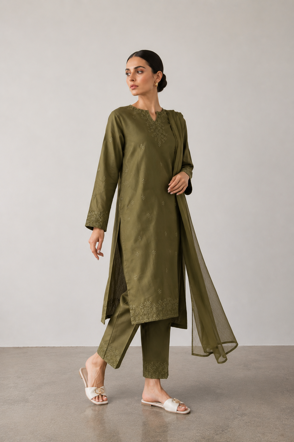 Olive Green Embroidered 3-Piece Set