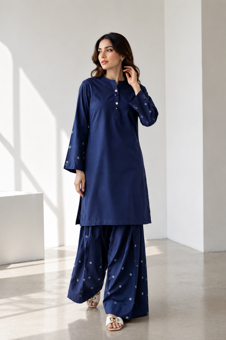 Navy Blue Embroidered 2-Piece Set