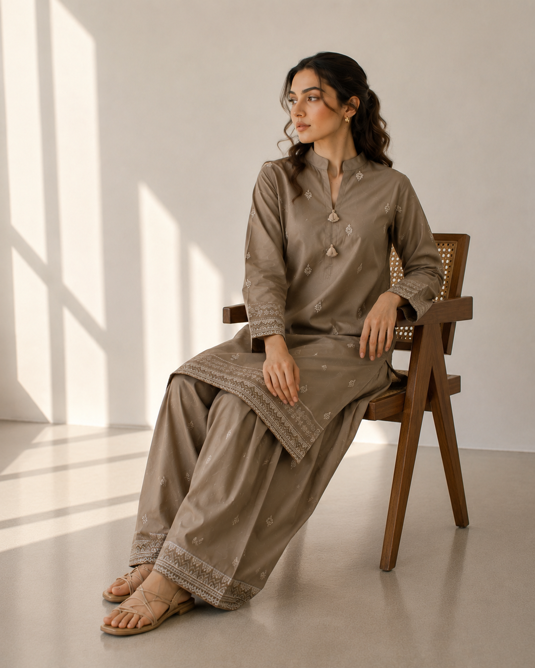 Mocha Brown Embroidered  2 - Piece Set