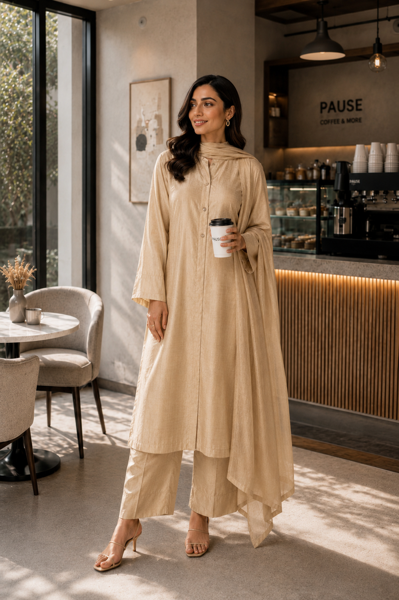 Soft Gold Korean Silk 3-Piece Set