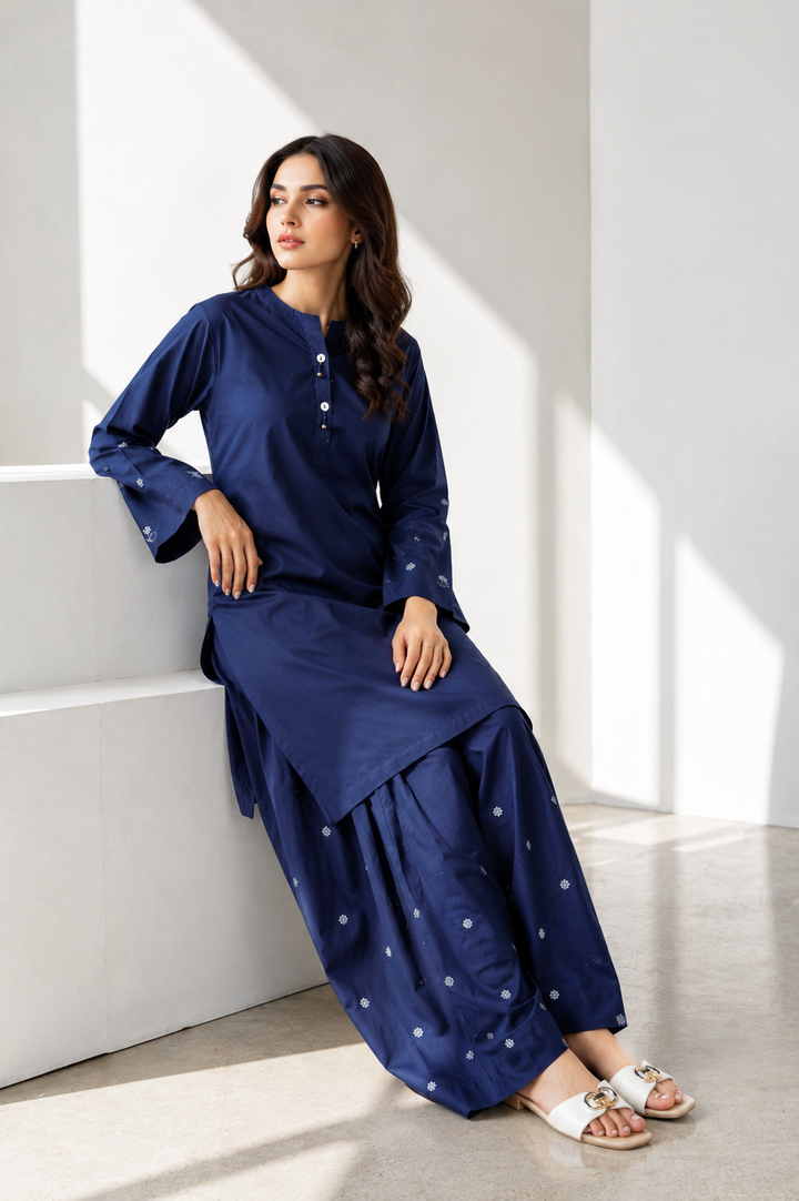 Navy Blue Embroidered 2-Piece Set