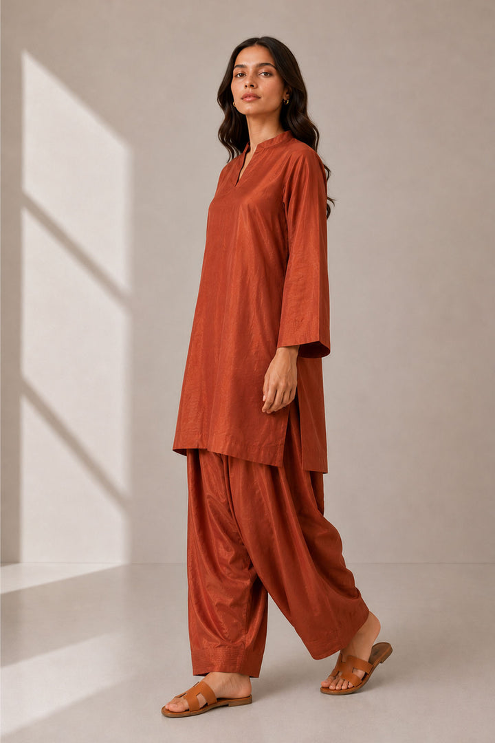 Rust Raw Silk-02- 2 Piece Set
