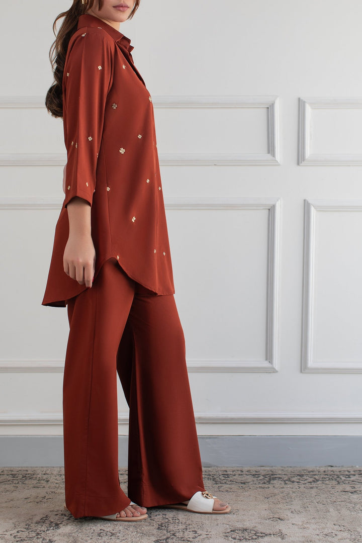 Rust Embroidered Co Ord Set - Peach Republic