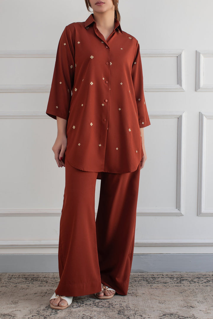 Rust Embroidered Co Ord Set - Peach Republic