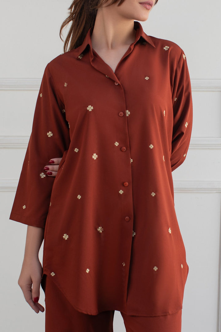 Rust Embroidered Co Ord Set - Peach Republic