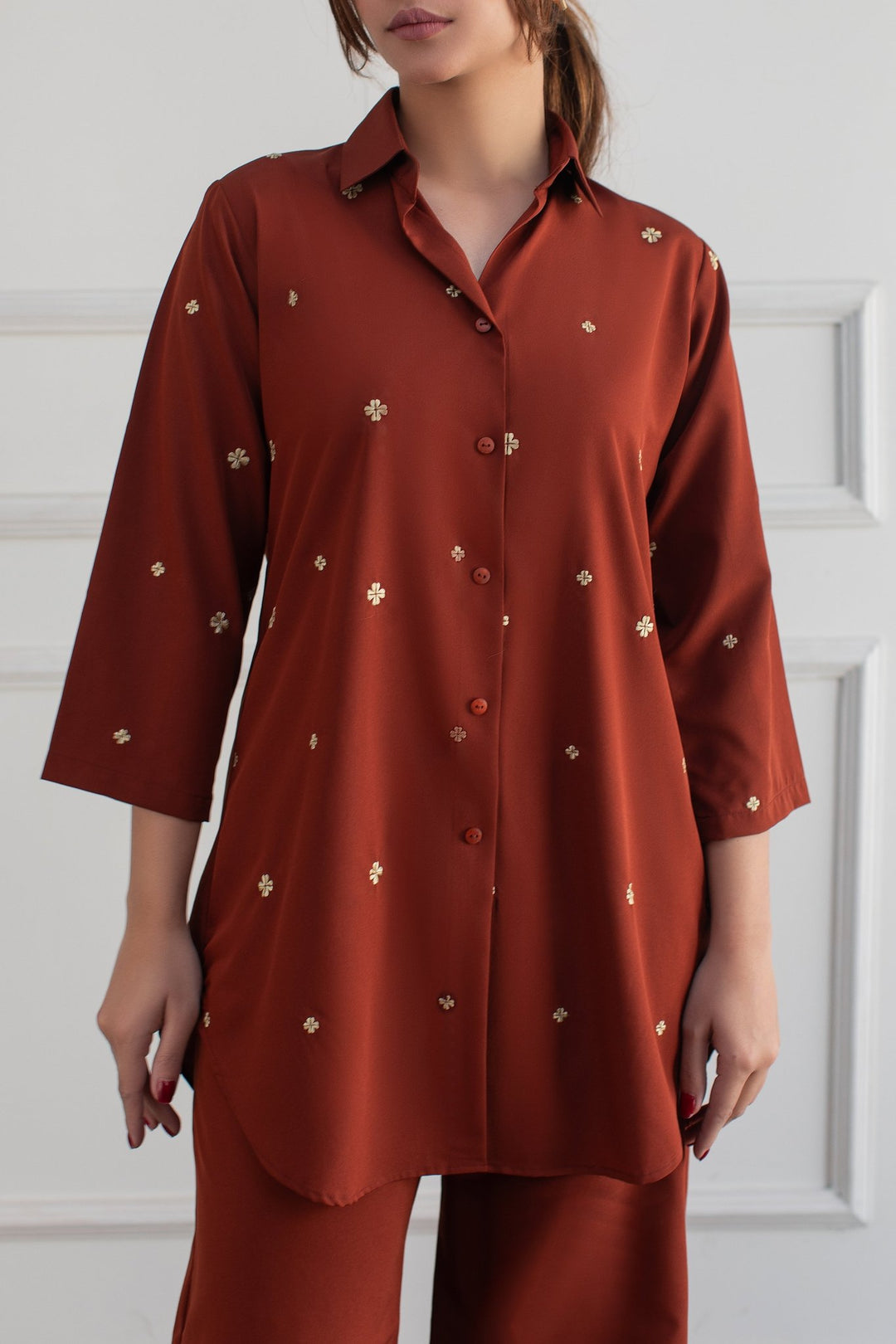 Rust Embroidered Co Ord Set - Peach Republic