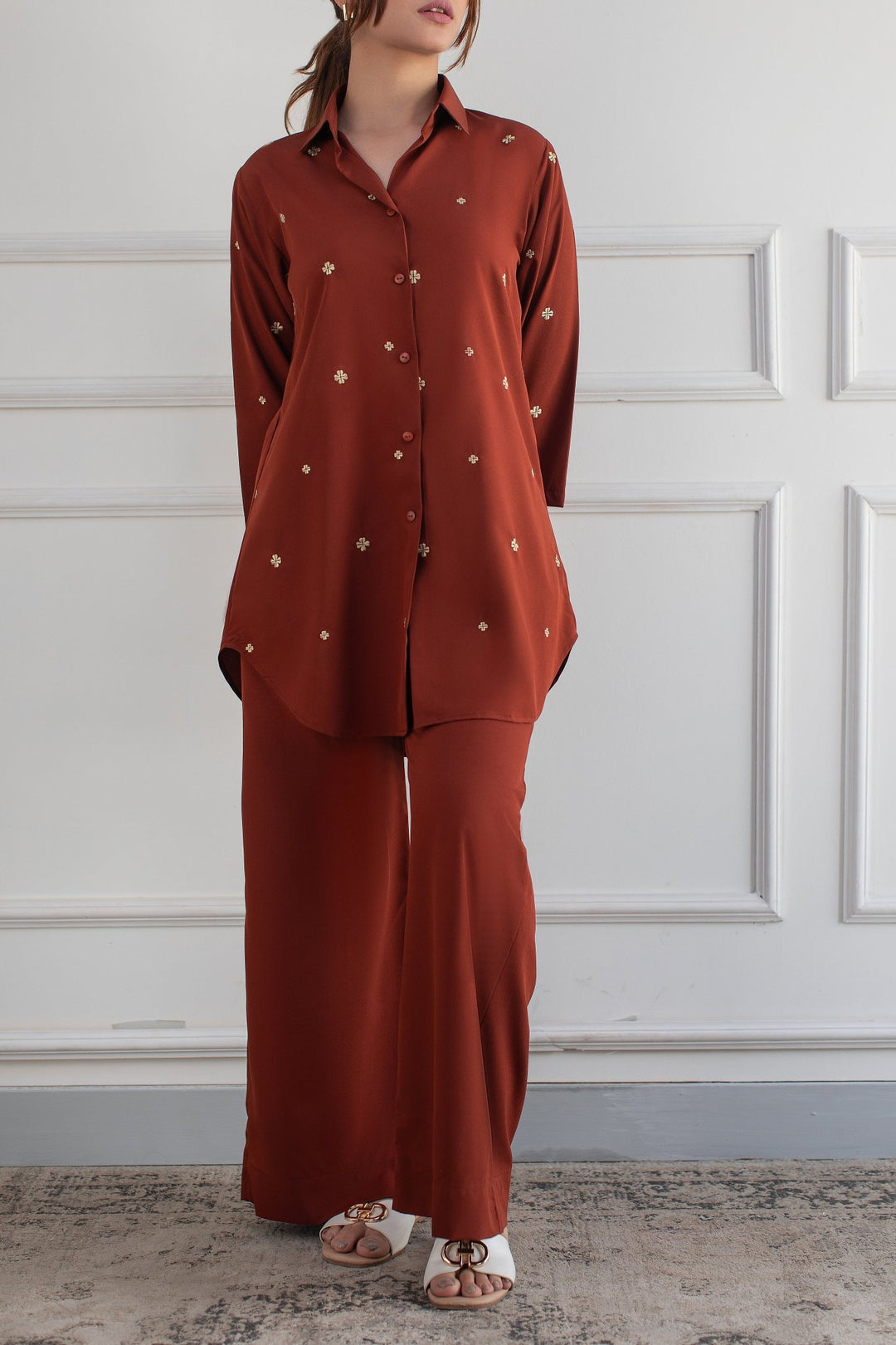 Rust Embroidered Co Ord Set - Peach Republic