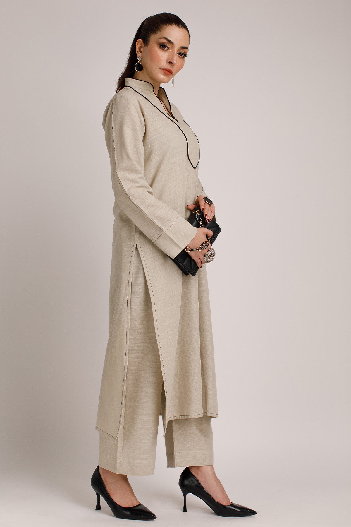 Saga Khaddar Dress - Peach Republic