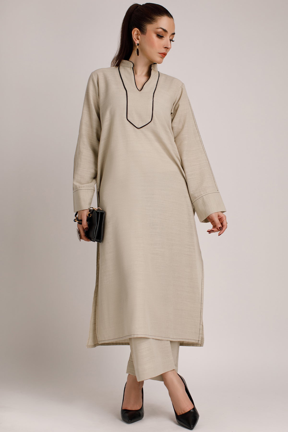 Saga Khaddar Dress - Peach Republic