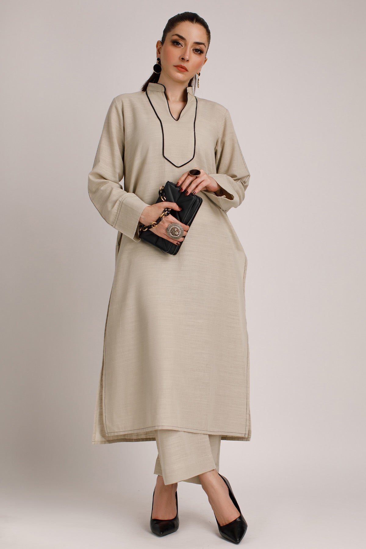 Saga Khaddar Dress - Peach Republic